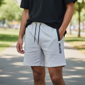 Hollister Men's Athletic Shorts in Light Gray with Black Accents